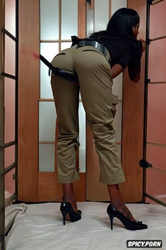 bent over prison cell, punishment indian khaki policewoman uniform canon 5d dslr quality photo realistic