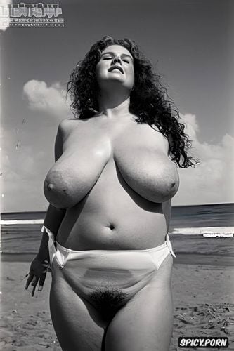 huge hanging tits, front view, pubic hair, beach, giant chubby breasts