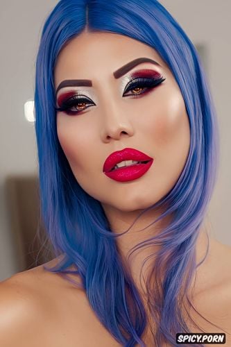 eye contact, huge pumped up balloon lips, bimbo, thick overlined lip liner