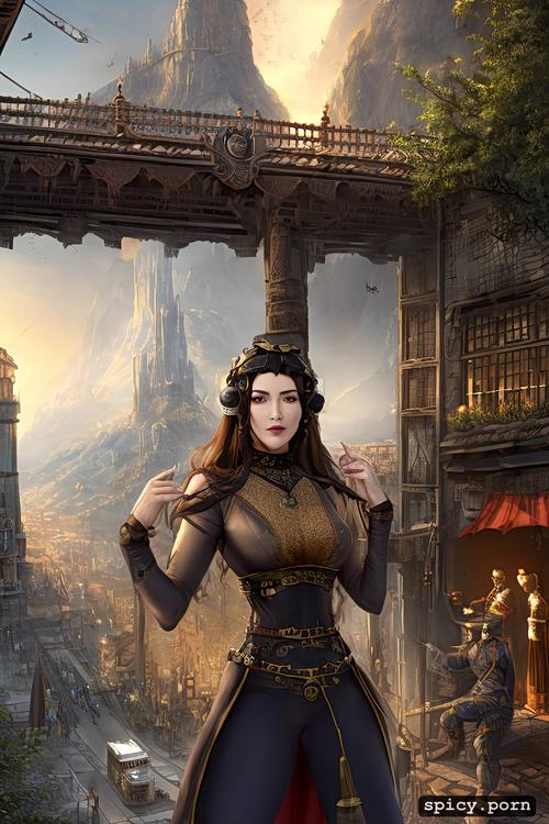 temples, film steampunk city, martial artists, montain city