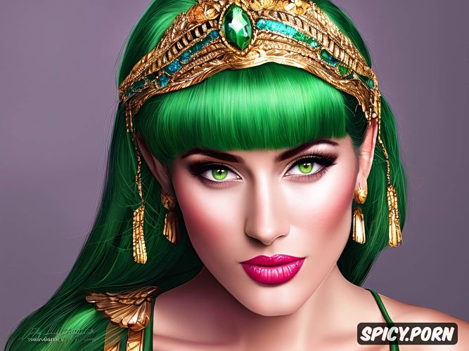 cleopatra, pixie hair, realistic colors, green hair, pretty face