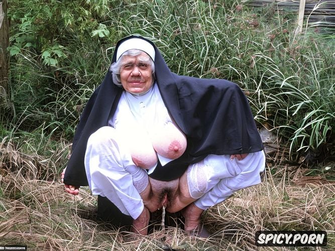 spread legs squatting, 80 year old nun grandma, grey hair, giving birth