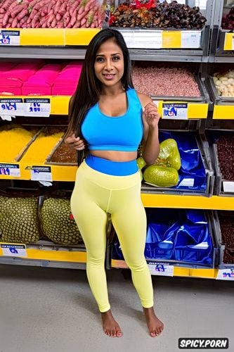 ultra uhd, in tight leggings, perfect tight pussy, a fully dressed frisco south indian beauty shopping in an indian grocery store