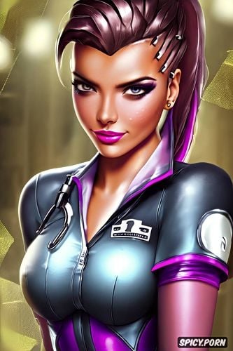 ultra realistic, sombra overwatch beautiful face young full body shot
