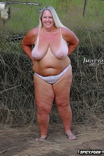 full front view, 66 ff breasts, severe ptosis, tanned skin, huge saggy breasts