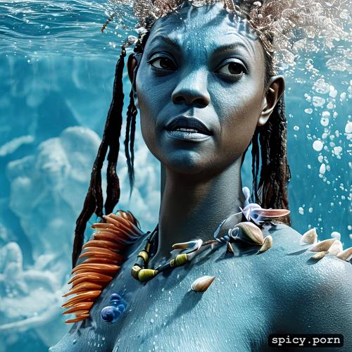 gorgeous symmetrical face, visible nipple, 8k, realistic, zoe saldana as blue alien from the movie avatar zoe saldana swimming underwater near a coral reef wearing tribal top and thong