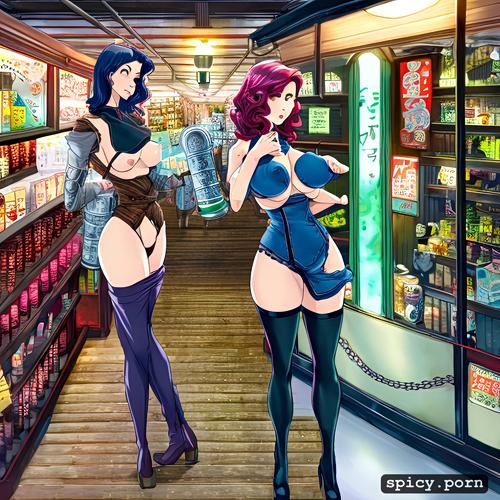 centered, in supermarket, 50 years, hourglass figure body, japanese female