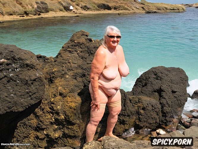 full body view, thick hourglass figure, voluptuous granny, beach