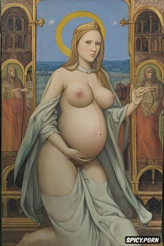 holding a ball, wide open, renaissance painting, pregnant, robe