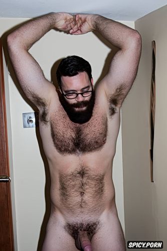 solo masculine hairy hipster guy with a big dick showing full body and perfect face beard showing hairy armpits indoors beefy body dark brown hair