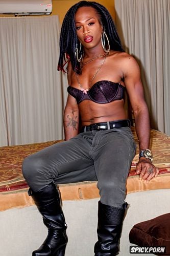 ebony tranny wh dreadlocks, showing her penis, wearing pink pants and boots
