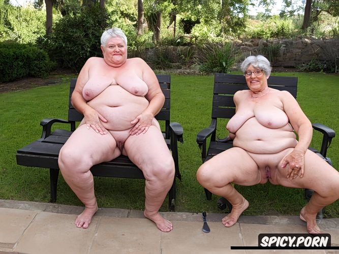 fat seductive face, two obese women sit completely naked in the garden on a bench