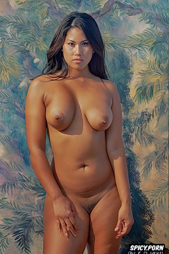 very shy, dark skin, gap between breasts, cézanne, fat belly