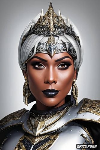 ebony skin, high cheekbones, wearing black scale armor, tiara