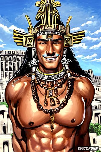 aztec big ancient city in the background, all body visible, sexy gay body