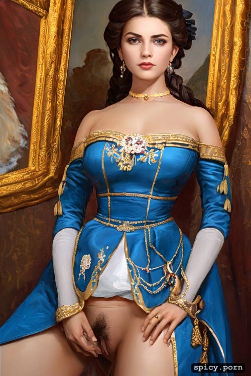 legs spread wide, elaborate court dress, view from above, anxious face