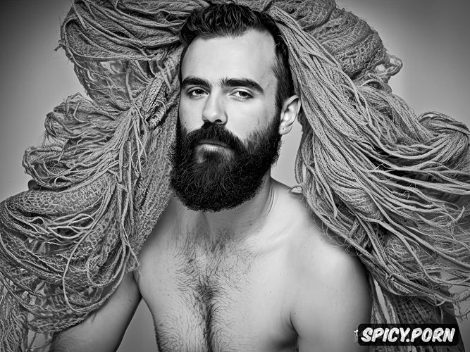 uninked skin, intricate hair and beard, detailed artistic nude sketch of a well hung bearded hairy man