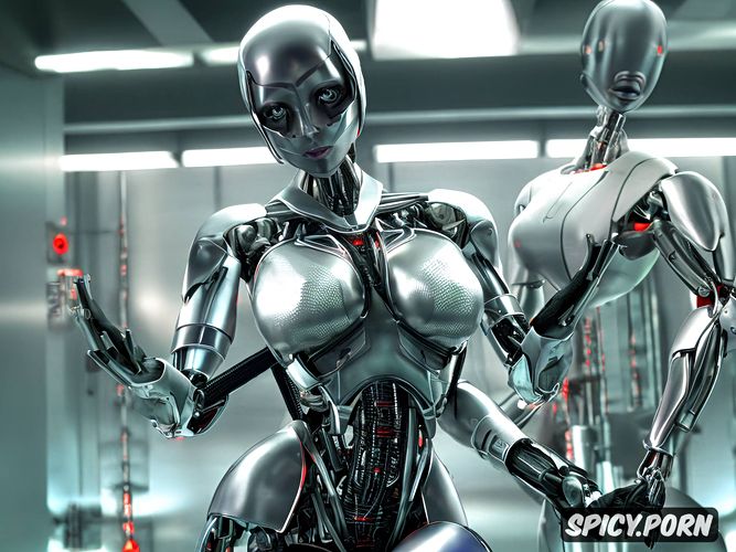 sexy blonde robot with fully metallic body and huge tits, internal robotic parts visible in the abdomen