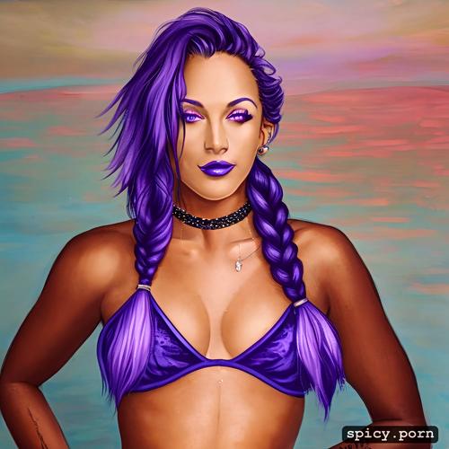 yacht, fit body, purple hair, pretty face, micro bikini, braided hair