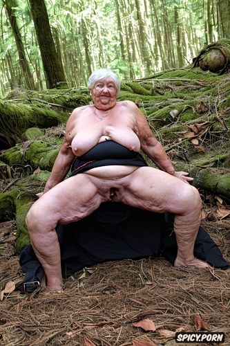 lying on her back, in the dark forrest, granny, overweight, massive breasts