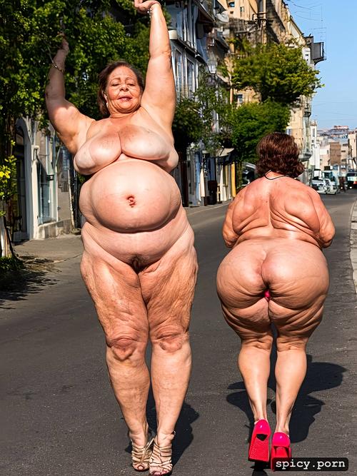 big shaggy hanging nipples, 70 years old woman, bbw, in the street