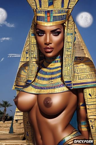 masterpiece, ultra realistic, femal pharaoh ancient egypt egyptian pyramids pharoah crown royal robes beautiful face full lips milf topless