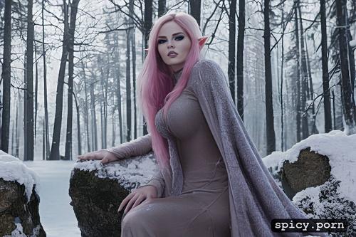 elf ears, cape, pink hair, stunningly beautiful, 18 years, small tits