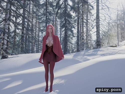 18 years, realistic, in a winter forest, cute face, frozen, nude