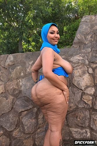 slim thick body type, ashamed face, blue hijab, asscrack ass crack