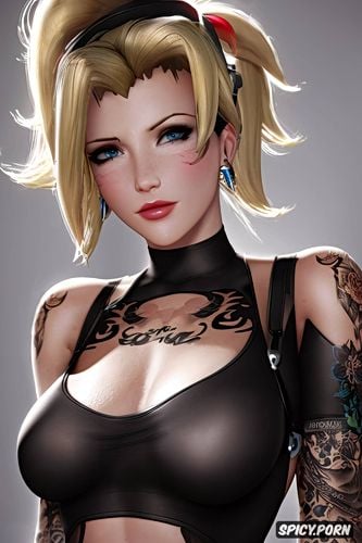 mercy overwatch beautiful face young full body shot, tattoos small perky tits elegant low cut tight black dress masterpiece