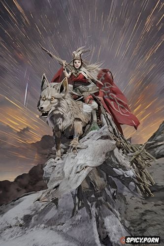 jumping wolf, princess mononoke squatting on the back of a giant wolf