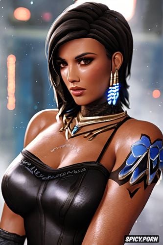 ultra realistic, tight black evening gown, high resolution, pharah overwatch beautiful face full body shot