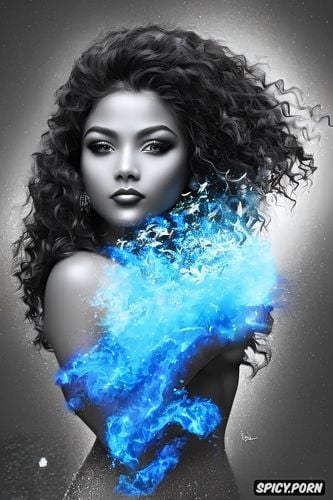 blue colors, perfect face, short, exotic female, wavy brown hair