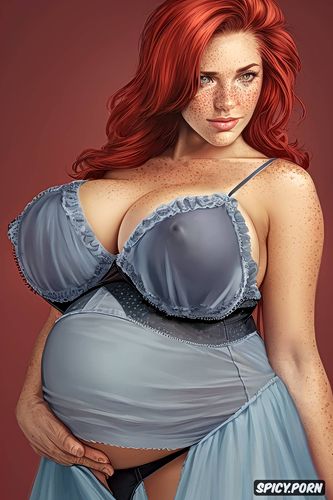overdue, naturally red hair, freckled, naked, gigantic boobs