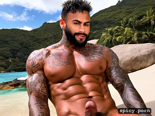 dark haired tattooed 30 year old man brazilian neymar face handsome with a beard beautiful muscular pubic muscle very large erect penis on the beach
