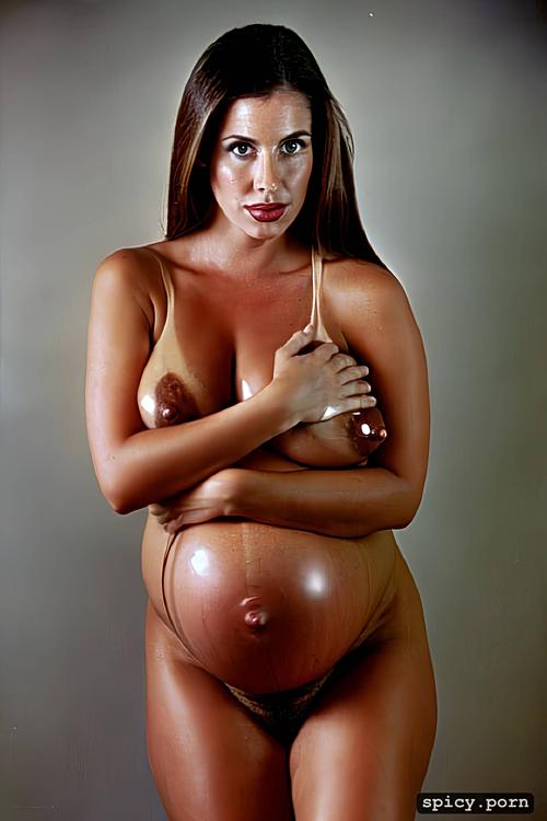 oiled boobs, large green eyes, extremely long brown hair, tan
