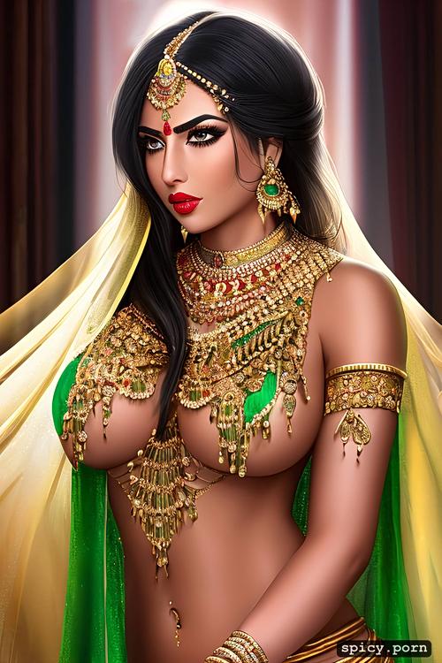 half saree, curvy hip, gold jewellery, perfect boobs, full body front view