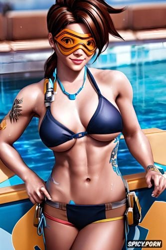 abs, ultra realistic, ultra detailed, muscles, tracer overwatch beautiful face pouting bikini