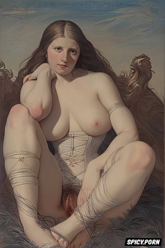 pale skin, hairy pussy, davinci style hands, nude, strong shoulders