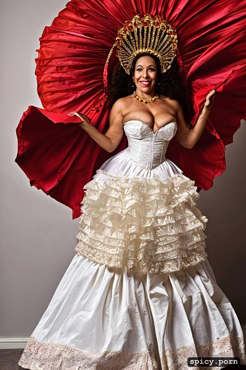 intricate beautiful dancing costume, 72 yo beautiful white caribbean carnival dancer
