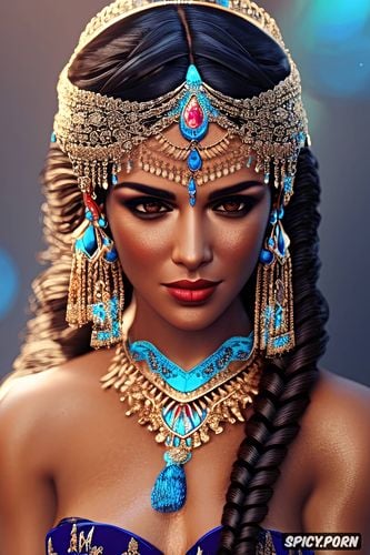 brown eyes, diadem, flowing low cut sheer blue arab dress, masterpiece