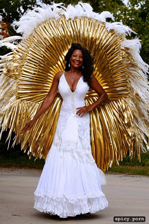 intricate beautiful dancing costume, 66 yo beautiful white caribbean carnival dancer