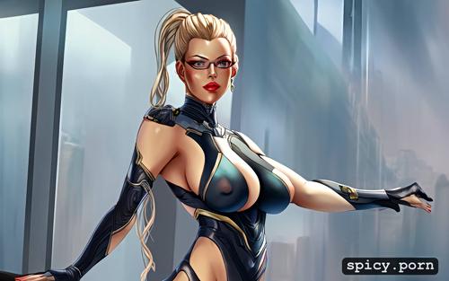 body suit, glasses, blond hair, ultra detailed, 8k, flowing hair