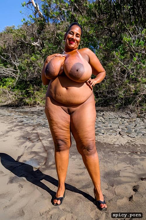 humongous hanging hooters, thick, largest boobs ever, standing at a beach