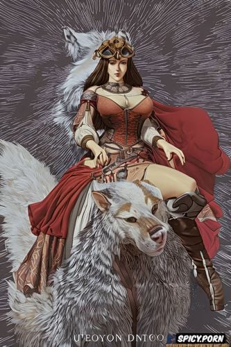 delicate teenage breasts, squatting on a giant wolf, knee high boots