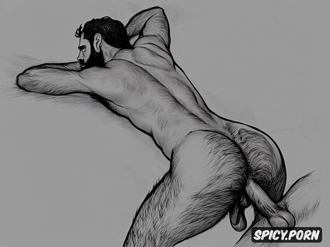 full shot, back view, artistic nude sketch of bearded hairy men having gay anal sex