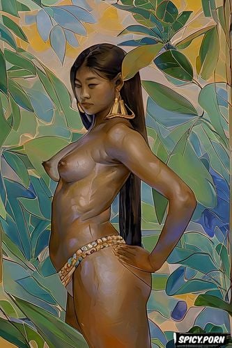 jungle, very shy, detailed face, wide hips, painterly, intricate long hair