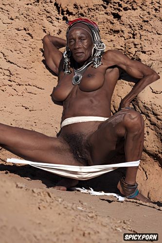 realistic pussy, long saggy empty breasts, partially nude, squatting in a desert with legs apart