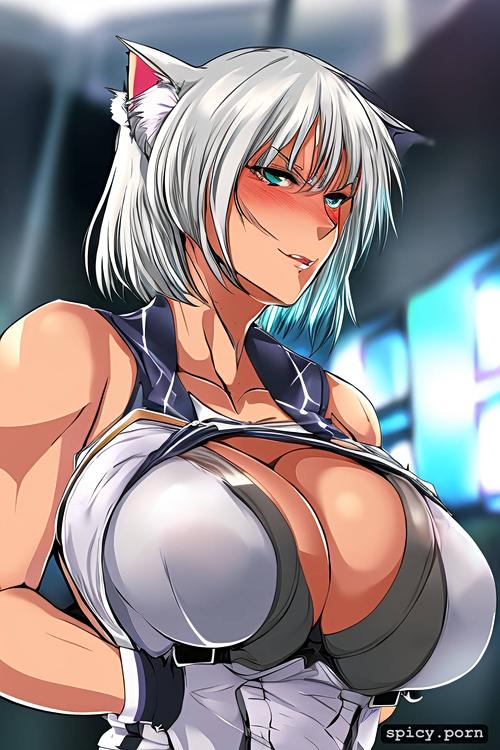 white hair, nurse, cat crosplay busty, solid colors, athletic body