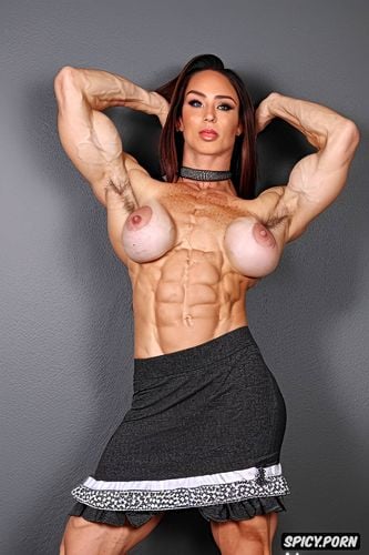 huge tits, female bodybuilder, flexing developed muscles, red hair